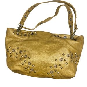 HOBO INTERNATIONAL Gold Pebbled Leather Grommet Studded Tote Purse Shoulder Bag